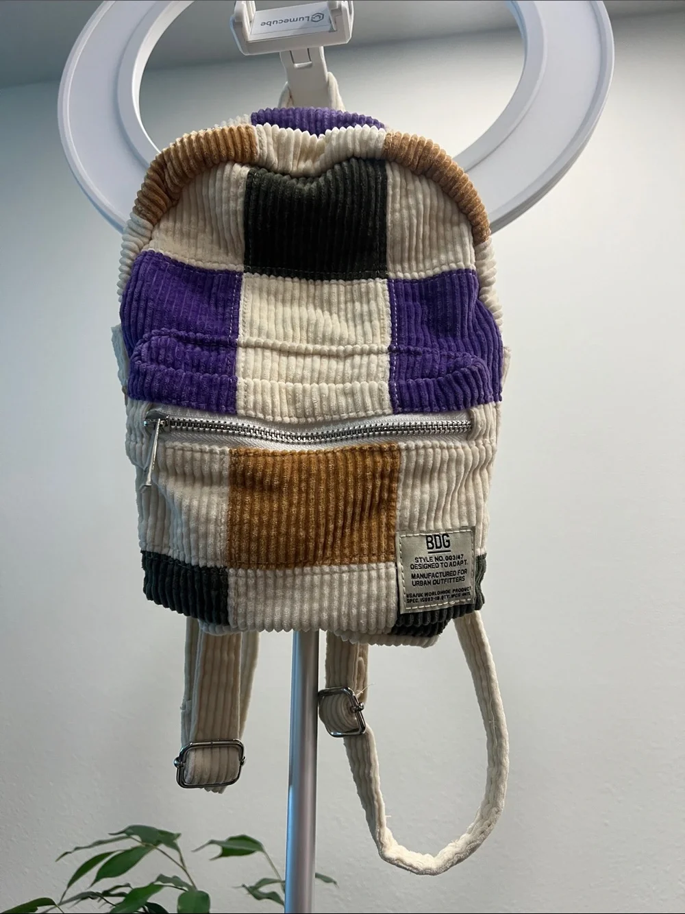 Urban Outfitters Patchwork Corduroy Mini Backpack in Purple, Cream & Brown